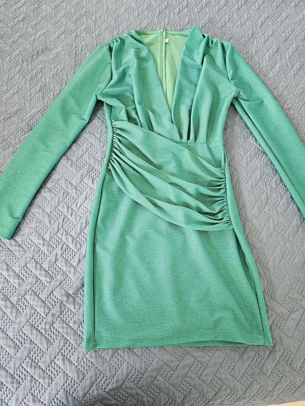 SHEIN Mint Green Ruched V-Neck Long Sleeve Dress